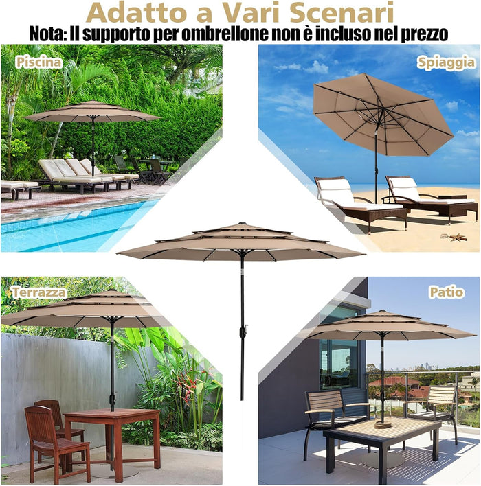Ombrellone da Giardino 293 cm a 3 Livelli, Ombrellone da Esterno con Doppia Ventilazione, Inclinazione Regolabile, con Manovella 8 Stecche, Ombrellone da Spiaggia Giardino Piscina (Caffè)