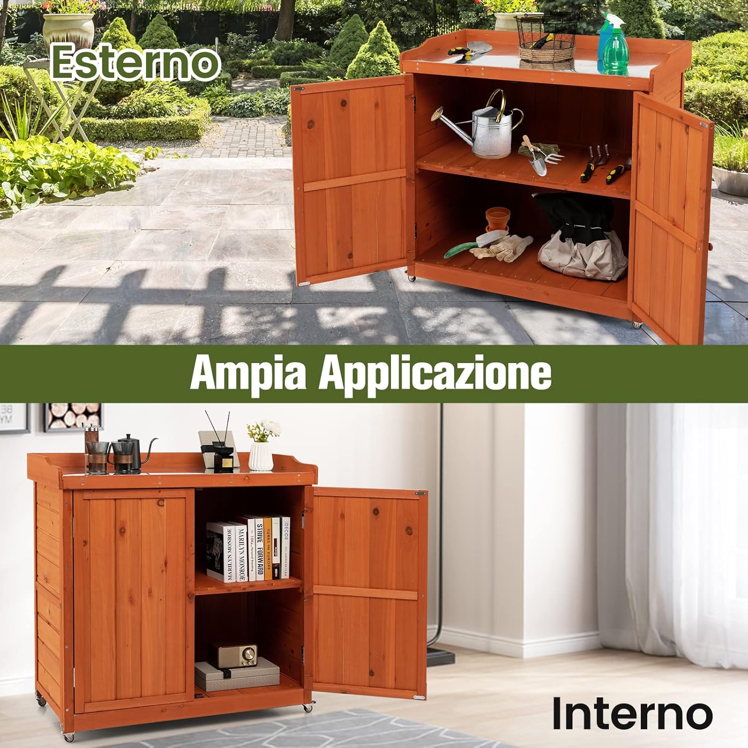 Armadio da Esterno in Legno, Casetta da Giardino con Ripiano Rimovibile e 4 Ruote Universali, Capanno Porta Attrezzi da Esterno e da Interno, 98,5 x 48 x 100 cm