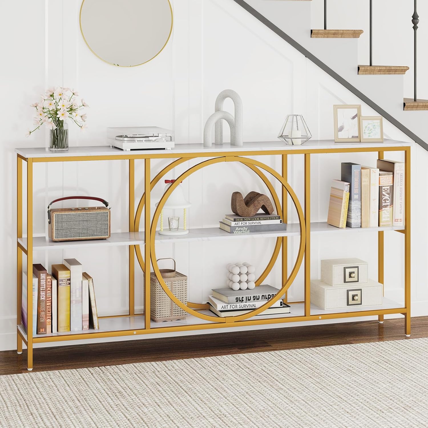 Tavolo Consolle a 3 Piani, Tavolo d’Ingresso con Piano in Legno, Struttura in Metallo e Ripiani, Tavolo per Corridoio, Soggiorno e Ingresso, 180 x 30 x 90 cm (Bianco e oro)