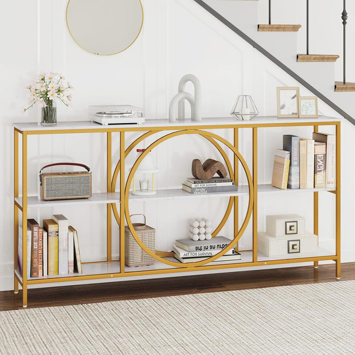 Tavolo Consolle a 3 Piani, Tavolo d’Ingresso con Piano in Legno, Struttura in Metallo e Ripiani, Tavolo per Corridoio, Soggiorno e Ingresso, 180 x 30 x 90 cm (Bianco e oro)