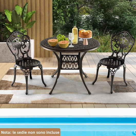 Tavolo da Pranzo Rotondo da 90 cm, Tavolo da Esterno in Alluminio con Foro per Ombrellone da 5 cm Struttura Resistente Piedini Regolabili, Tavolo Rotondo da Giardino Esterno, 90 x 74 cm