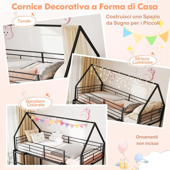 Letto a Castello per Bambini 90x200 cm, Letto Montessori con Scivolo Scala, Struttura in Metallo e Sponda di Sicurezza, Forma di Casa, senza Bisogno di Rete a Molle, Portata 110 kg (Nero)