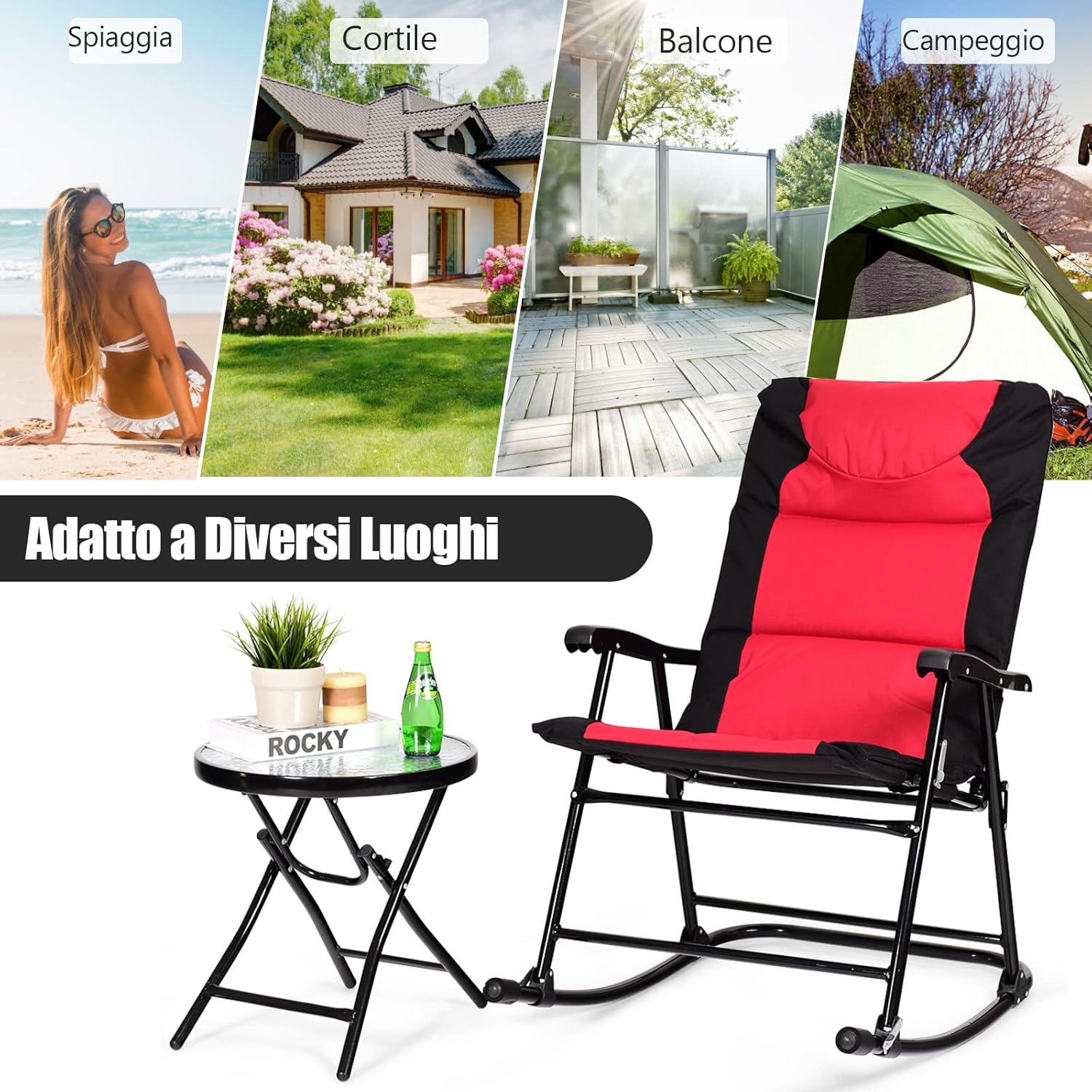 Set di 3 Sedie a Dondolo e Tavolino da Esterno, Sedie e Tavolino Pieghevoli in Vetro e Acciaio, Ideale per Balcone, Giardino e Cortile (Rosso)