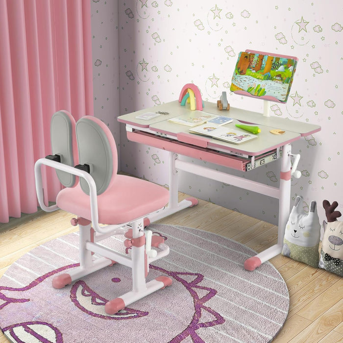 Scrivania per Bambini, Tavolo per Studenti con Regolabile in Altezza, con Piano Ribaltabile, Libreria, Cassetti e Righello di Misurazione, Ergonomica, Ideale per Bambini 3-12 Anni (Pink)