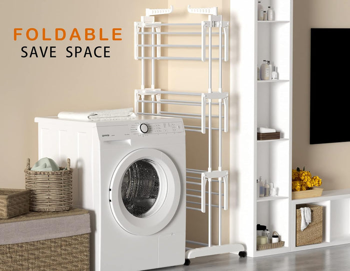 Stendino Verticale Salvaspazio - RATTANTREE - 4 Livelli Stendibiancheria Allungabile con Ruote, Acciaio Inossidabile Stendino da Balcone Esterno, Stendipanni per Interno, Bianca