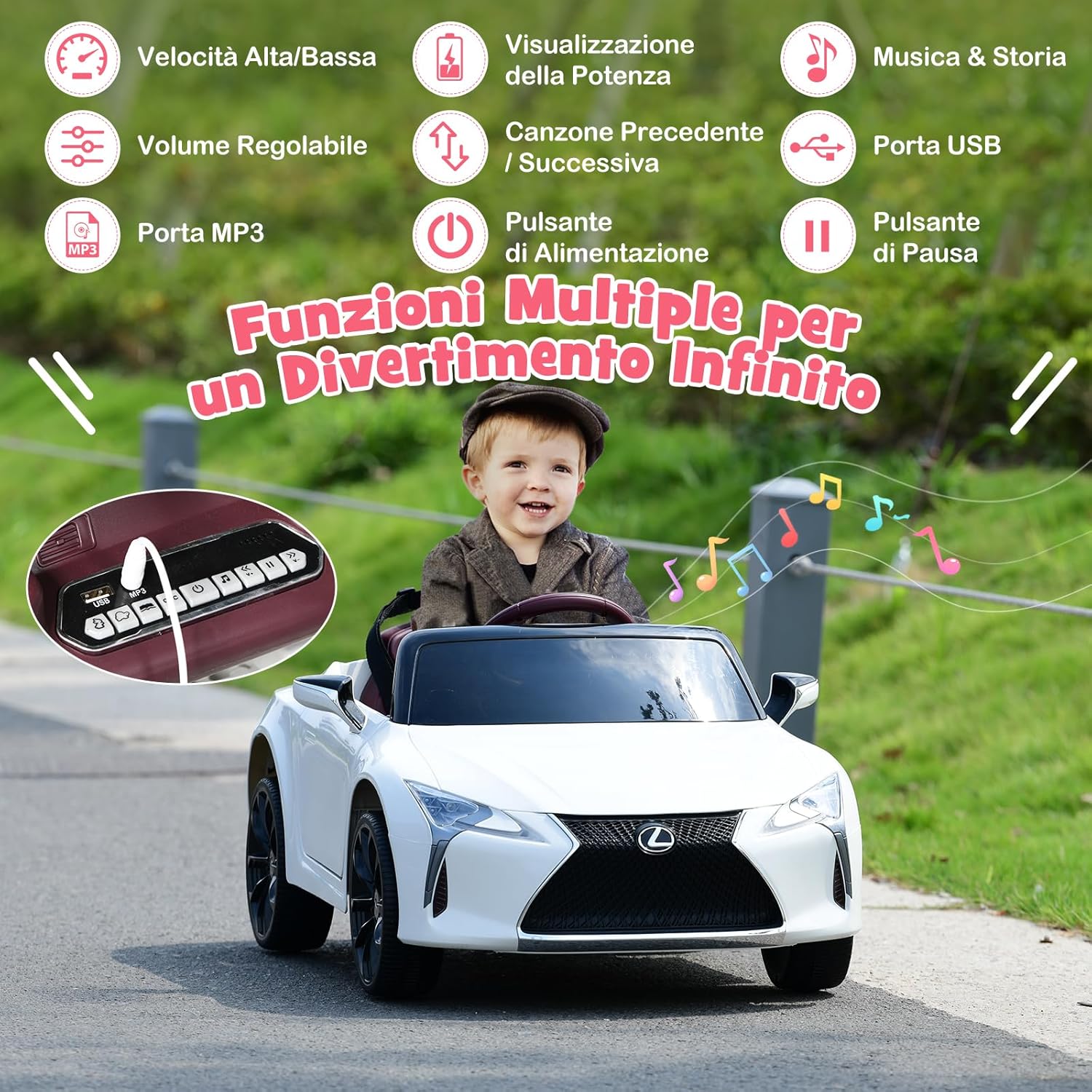 Lexus Auto Elettrica per Bambini, Macchina Elettrica Cavalcabile con Telecomando Luci LED Luminose Musica e Storie, 3-5 km/h, per Bambini 37-96 Mesi (Bianco)