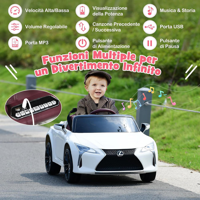 Lexus Auto Elettrica per Bambini, Macchina Elettrica Cavalcabile con Telecomando Luci LED Luminose Musica e Storie, 3-5 km/h, per Bambini 37-96 Mesi (Bianco)