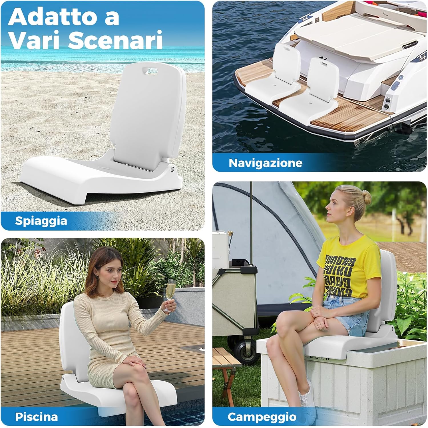 Sedia da Piscina Esterno, Sedia Pieghevole con Maniglia e Supporto, Foro di Drenaggio, Struttura in PE, Design Leggero per Spiagga, Campeggio, Pesca, Portata 100 kg