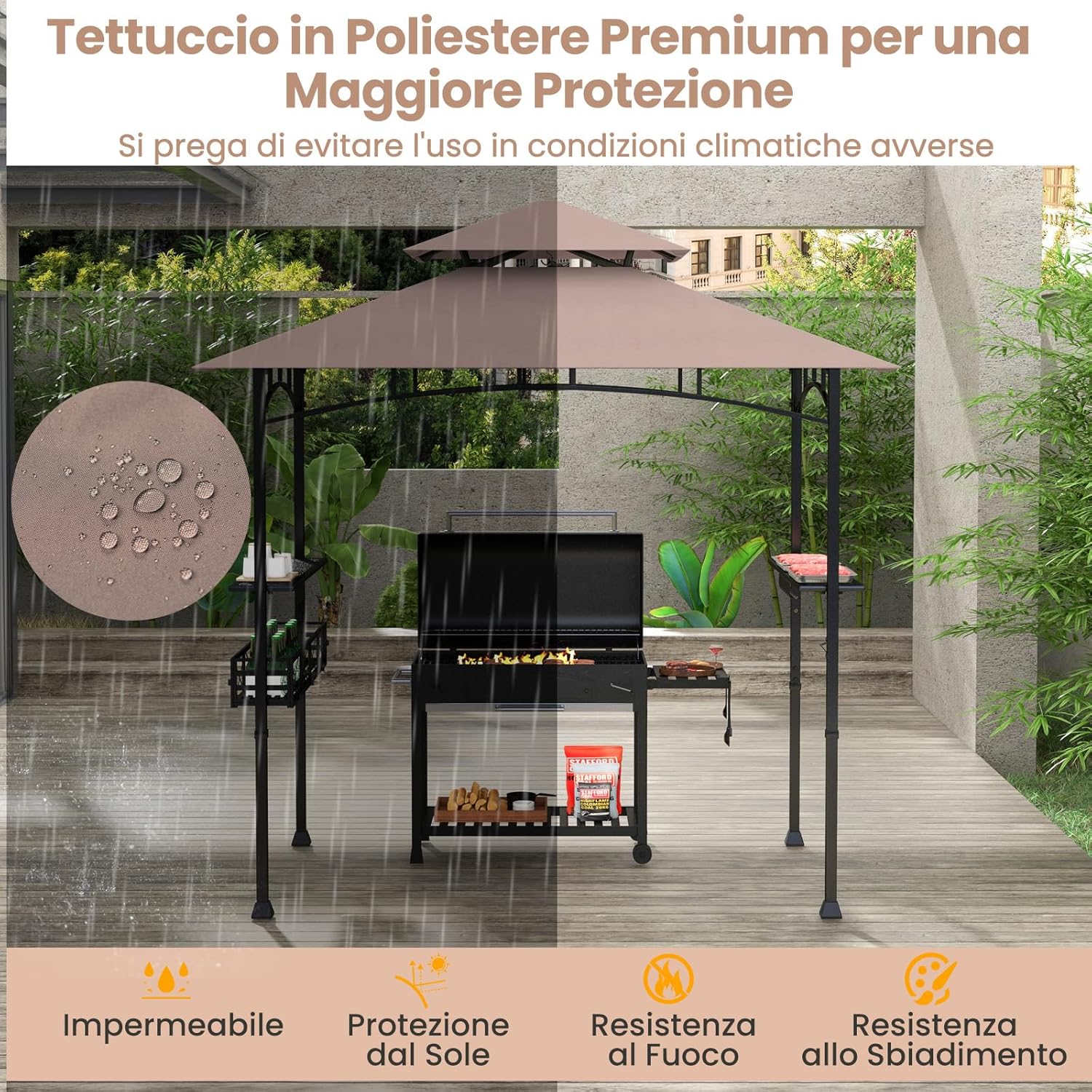 Gazebo per Barbecue, Pergola per BBQ con 2 Ripiani Laterali, Cestino, Ganci Appendiutensili, Apribottiglie, Copertura a 2 Livelli, per Giardino e Cortile, 242 x 153 x 250 cm (Marrone)