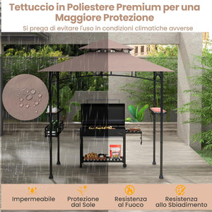 Gazebo per Barbecue, Pergola per BBQ con 2 Ripiani Laterali, Cestino, Ganci Appendiutensili, Apribottiglie, Copertura a 2 Livelli, per Giardino e Cortile, 242 x 153 x 250 cm (Marrone)