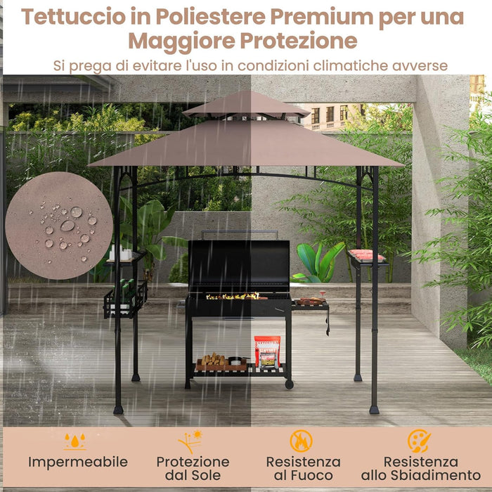 Gazebo per Barbecue, Pergola per BBQ con 2 Ripiani Laterali, Cestino, Ganci Appendiutensili, Apribottiglie, Copertura a 2 Livelli, per Giardino e Cortile, 242 x 153 x 250 cm (Marrone)