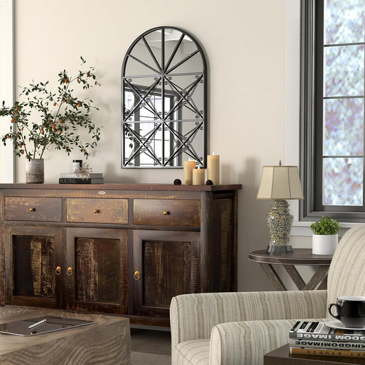 Specchio Ad Arco, Specchio da Parete 58 x 87cm con Cornice in Metallo, Specchio Decorativo a Finestra per Soggiorno Ingresso Camera da Letto e Bagno