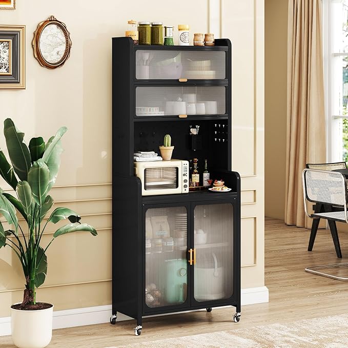 Credenza da Cucina, Armadietto Salvaspazio in Metallo con Ampio Piano di Lavoro, Ripiano Regolabile, Pannello Forato e Ruote, per Sala da Pranzo e Soggiorno, 79 x 37 x 192 cm