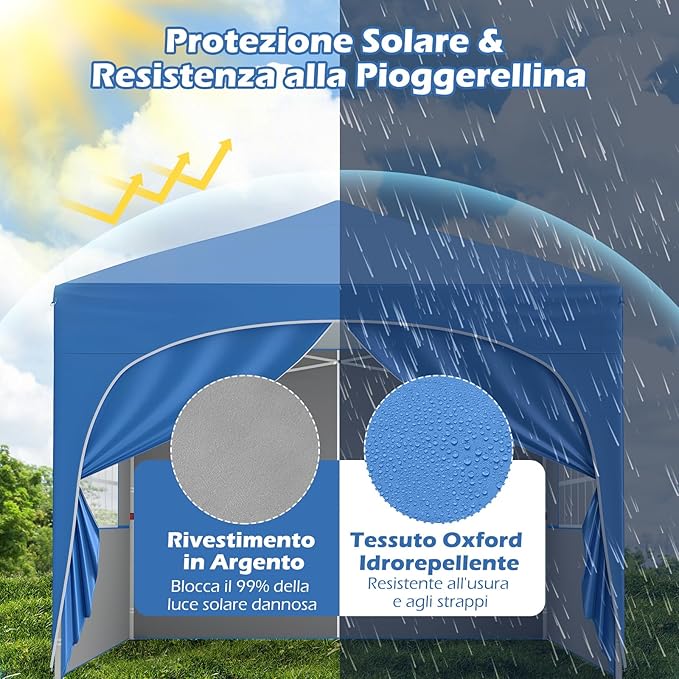 Gazebo Piehevole da Esterno 3 x 3 m, Gazebo Regolabile in Altezza con Pareti Rimovibili, Borsa con Ruote, Picchetti, Ancoraggi, Corde Vento e Sacchi di Sabbia, Tendone per Giardino (Blu)