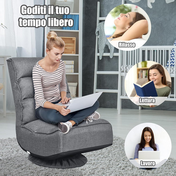 Poltrona Relax da Terra Pieghevole Reclinabile Girevole, Poltrone da Divano per Studio Salotto, con Schienale, Ottima per Rilassarti (Grigio)