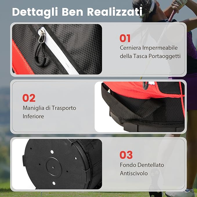 Borsa da Golf con Divisori Superiori a 14 Vie, 9 Tasche, Tasca Termica, Tasca per Scarpe, Porta Ombrello, Doppia Tracolla e Cappuccio Antipioggia, Sacca da Golf per Uomo e Donna