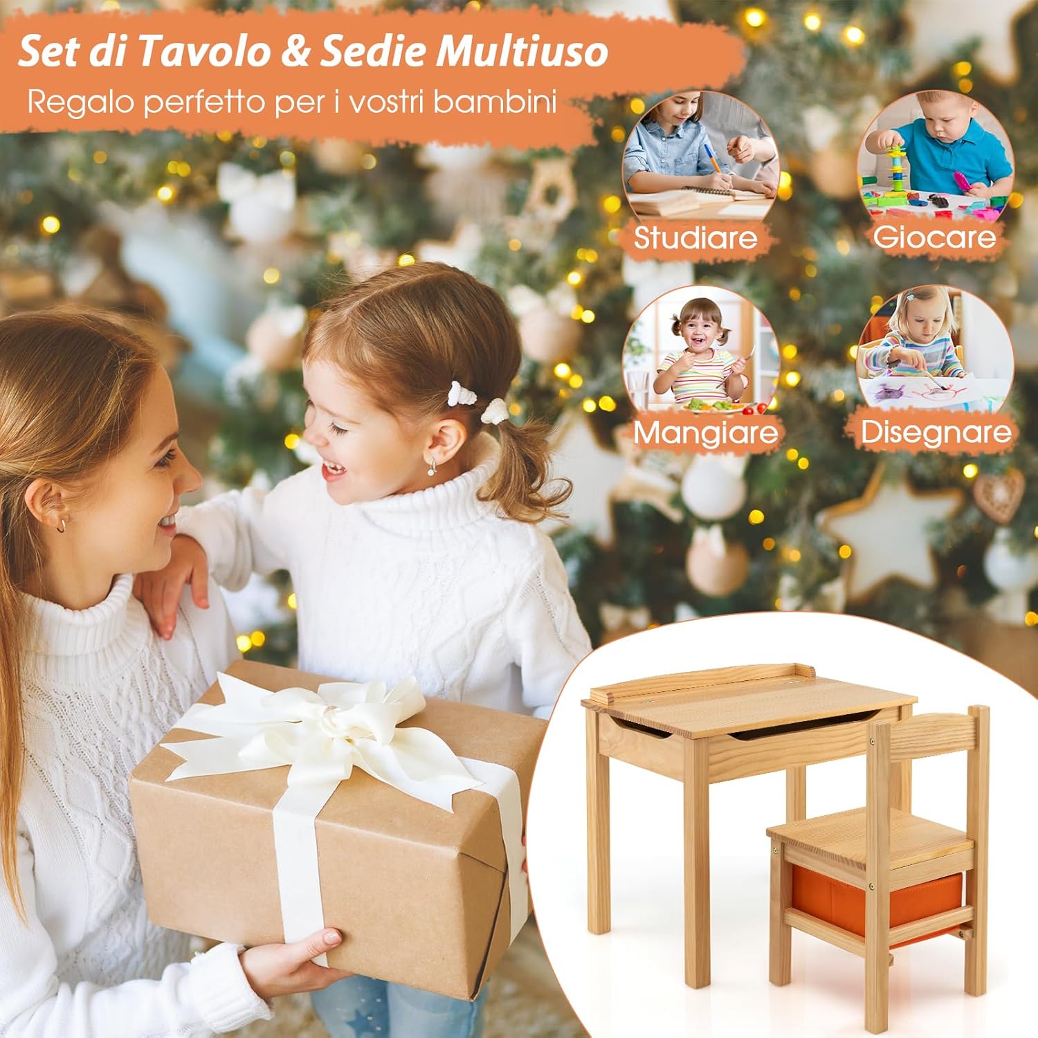 Set Tavolo e Sedia per Bambini, Scrivania Ribaltabile con Sedia per Bambini in Legno, con Cassetto e Gancio Estraibile, Bianco/Naturale (Naturale)
