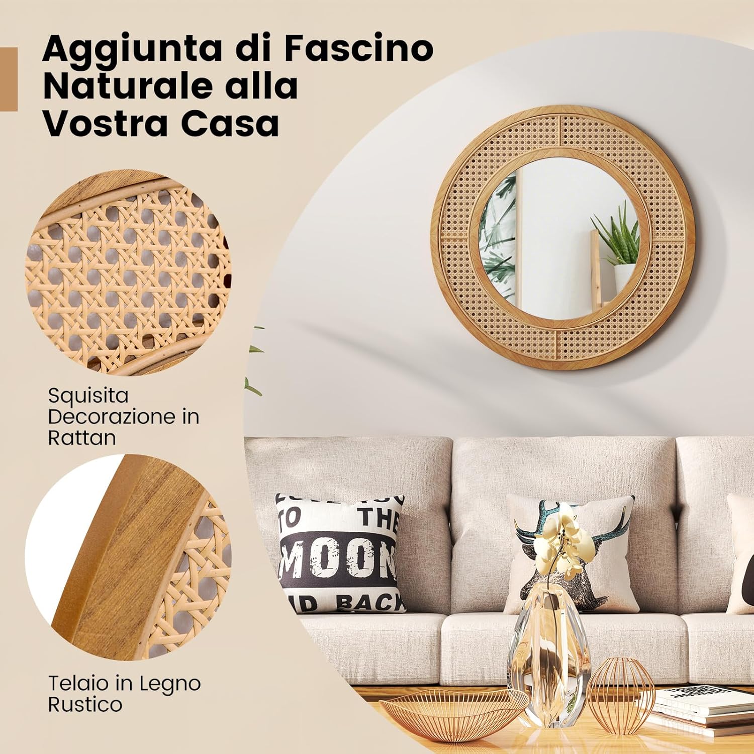 Specchio da Parete Rotondo 40 cm, Specchio con Cornice in Rattan con Vetro in Alluminio, Gancio Metallico, Specchio Decorativo per Soggiorno Camera da Letto Ingresso (Rotondo 40 cm)