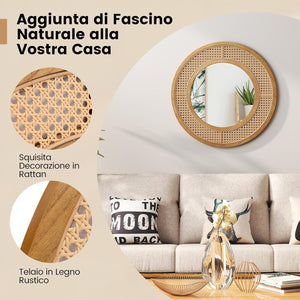 Specchio da Parete Rotondo 40 cm, Specchio con Cornice in Rattan con Vetro in Alluminio, Gancio Metallico, Specchio Decorativo per Soggiorno Camera da Letto Ingresso (Rotondo 40 cm)