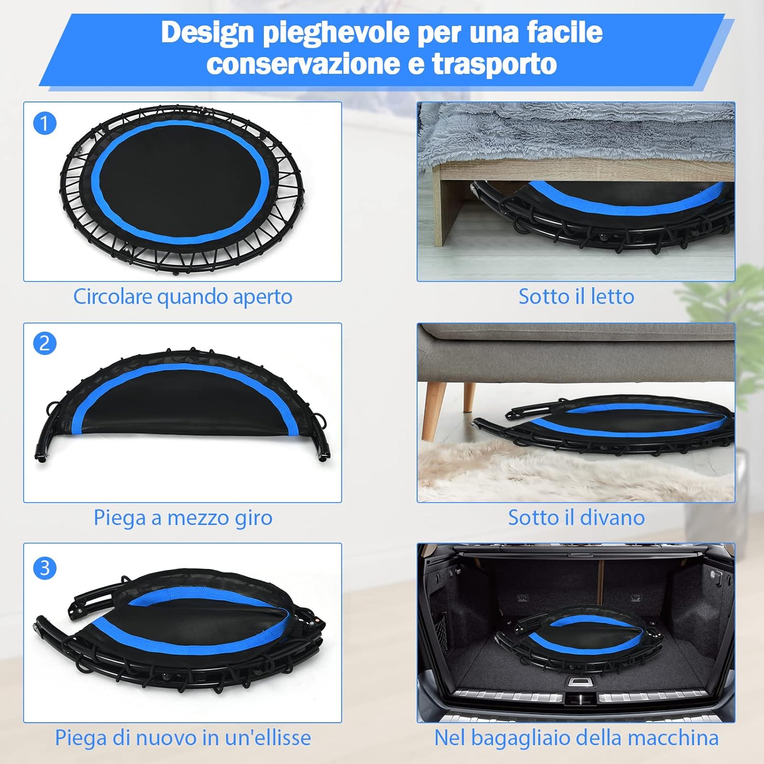 Mini Trampolino Pieghevole 101cm, Trampolino Fitness per Adulti e Bambini,con Maniglia Altezza Regolabile, Capacità di Carico 150 kg