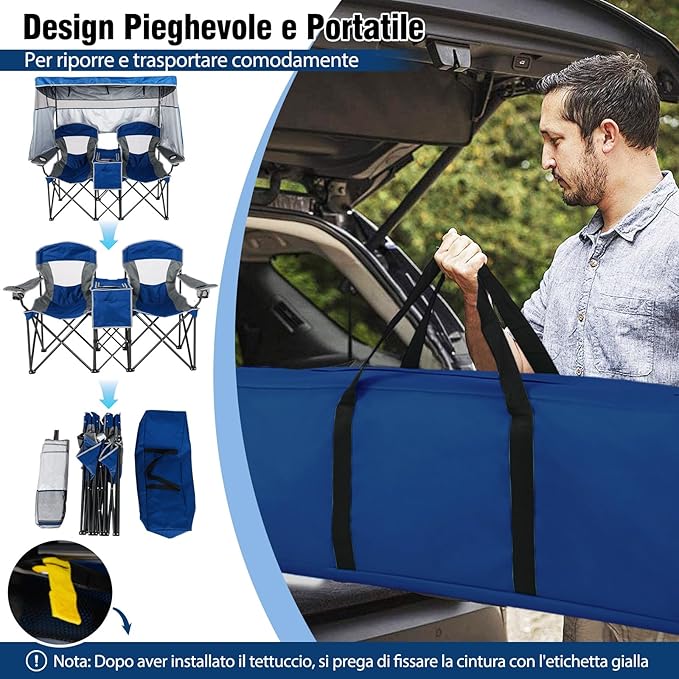 Sedia Spiaggia a Doppio, Sedia da Campeggio con Tettoia Regolabile, Poltrona Loveseat per 2 Persone, con Borsa da Trasporto, Borsa Termica, per Giardino Picnic, Portata 300 kg (Blu)