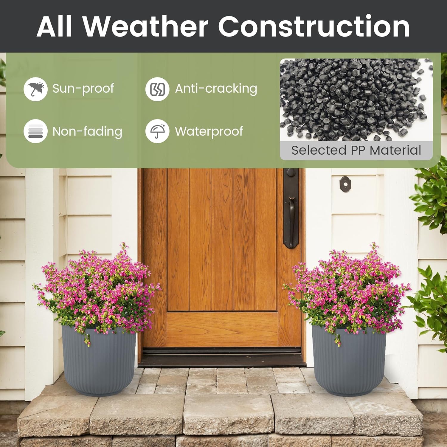 Set di Vasi Rotondi in Plastica, 2 Vasi per Fiori a Strisce con Sistema di Drenaggio Opzionale, Vasi Decorativi per Piante da Interni ed Esterni per Veranda, Giardino e Balcone