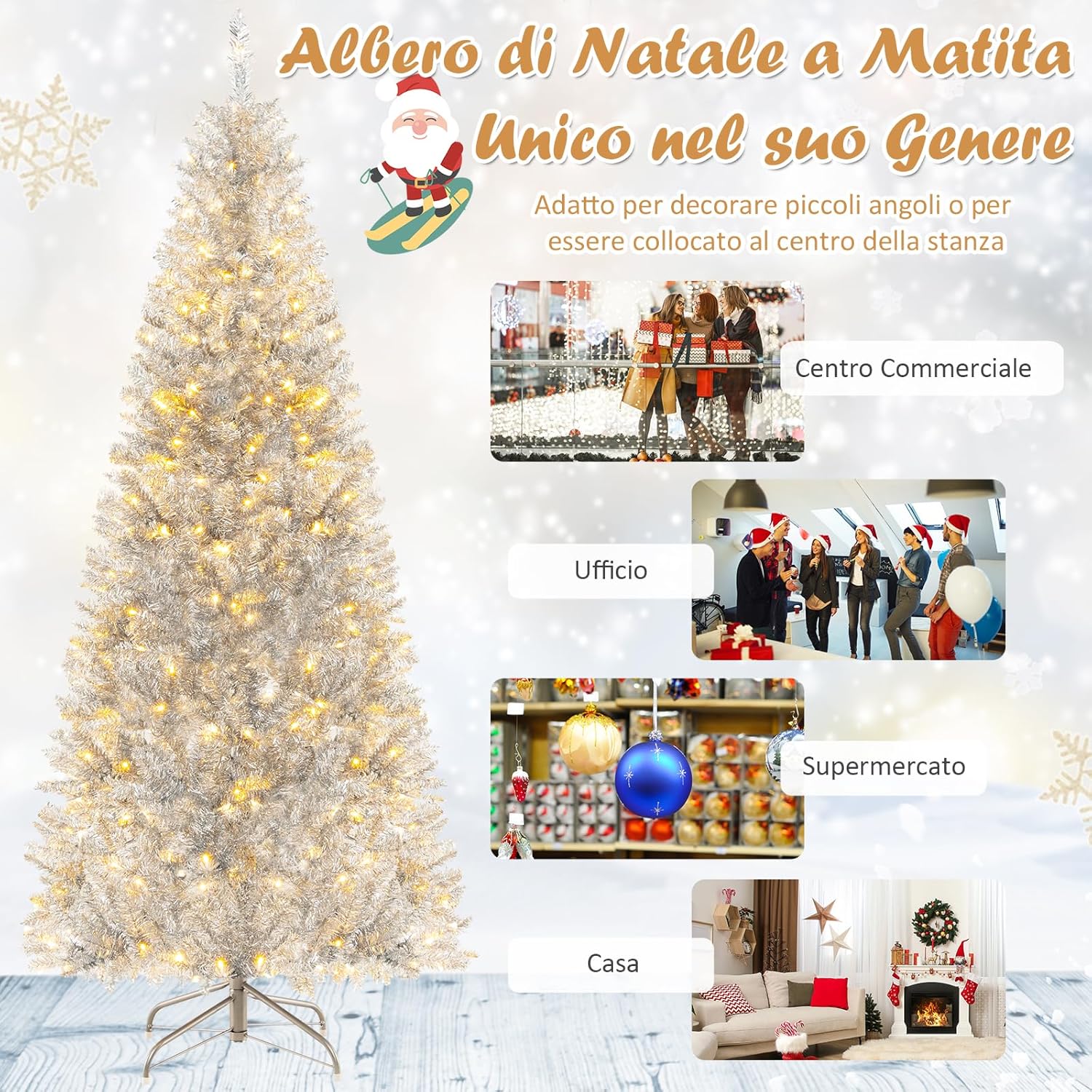 Albero di Natale 180 cm, Albero di Natale Artificiale Argento con 790 Rametti, 300 Luci a LED Bianco Caldo, Supporto Pieghevole in Metallo, Decorazione Natalizia per Ufficio e Casa