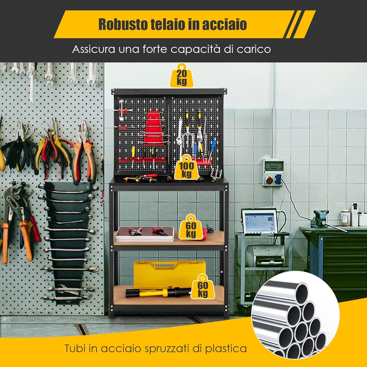 Banco da Lavoro, in Metallo e MDF, con 3 Ripiani, 13 Accessori da Appendere, 80,5 x 41x 155cm, per Garage, Casa, Officina e Magazzino