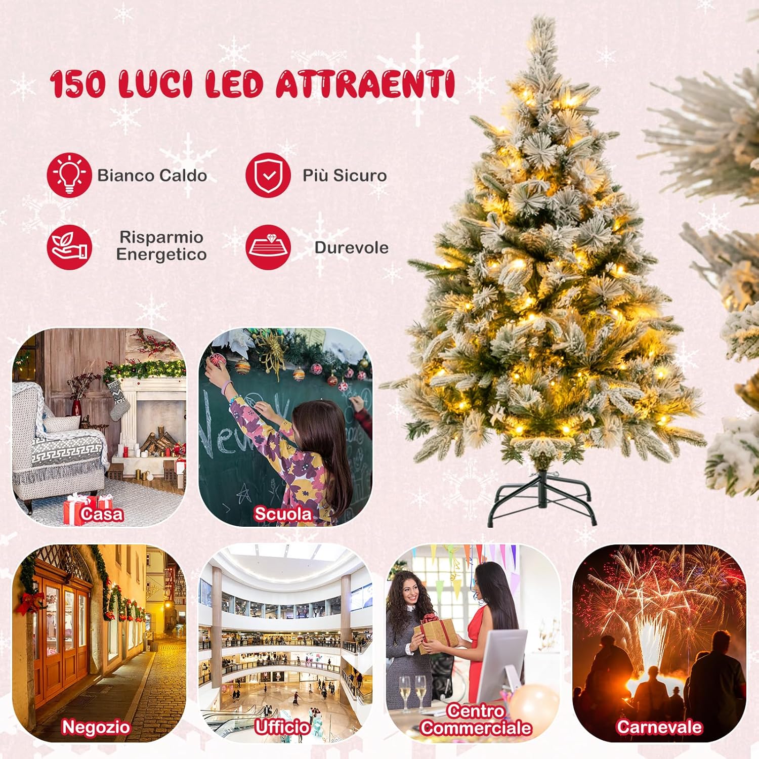 Albero di Natale136/186 cm, Albero di Natale Flockato con 150/250 Luci LED Bianco Caldo, 384/752 Punte di Ramo Miste e Aghi di Pino, Albero di Natale con Cerniera per Casa e Ufficio (136 cm)