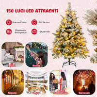 Albero di Natale136/186 cm, Albero di Natale Flockato con 150/250 Luci LED Bianco Caldo, 384/752 Punte di Ramo Miste e Aghi di Pino, Albero di Natale con Cerniera per Casa e Ufficio (136 cm)