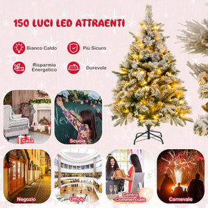 Albero di Natale136/186 cm, Albero di Natale Flockato con 150/250 Luci LED Bianco Caldo, 384/752 Punte di Ramo Miste e Aghi di Pino, Albero di Natale con Cerniera per Casa e Ufficio (136 cm)
