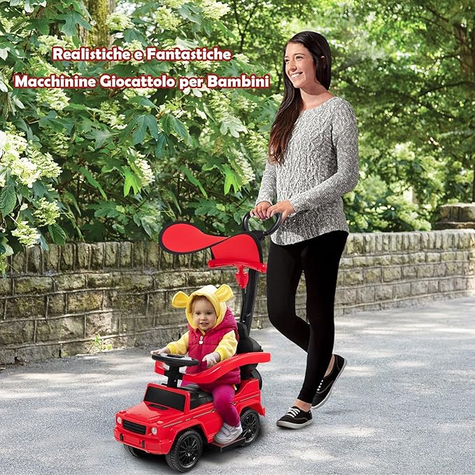 Auto a Spinta per Bambini, Macchina Cavalcabile a Spinta con Tettuccio Regolabile Maniglia per Genitori Paracolpi, Ideale per Bambini 12-36 Mesi (Rosso)