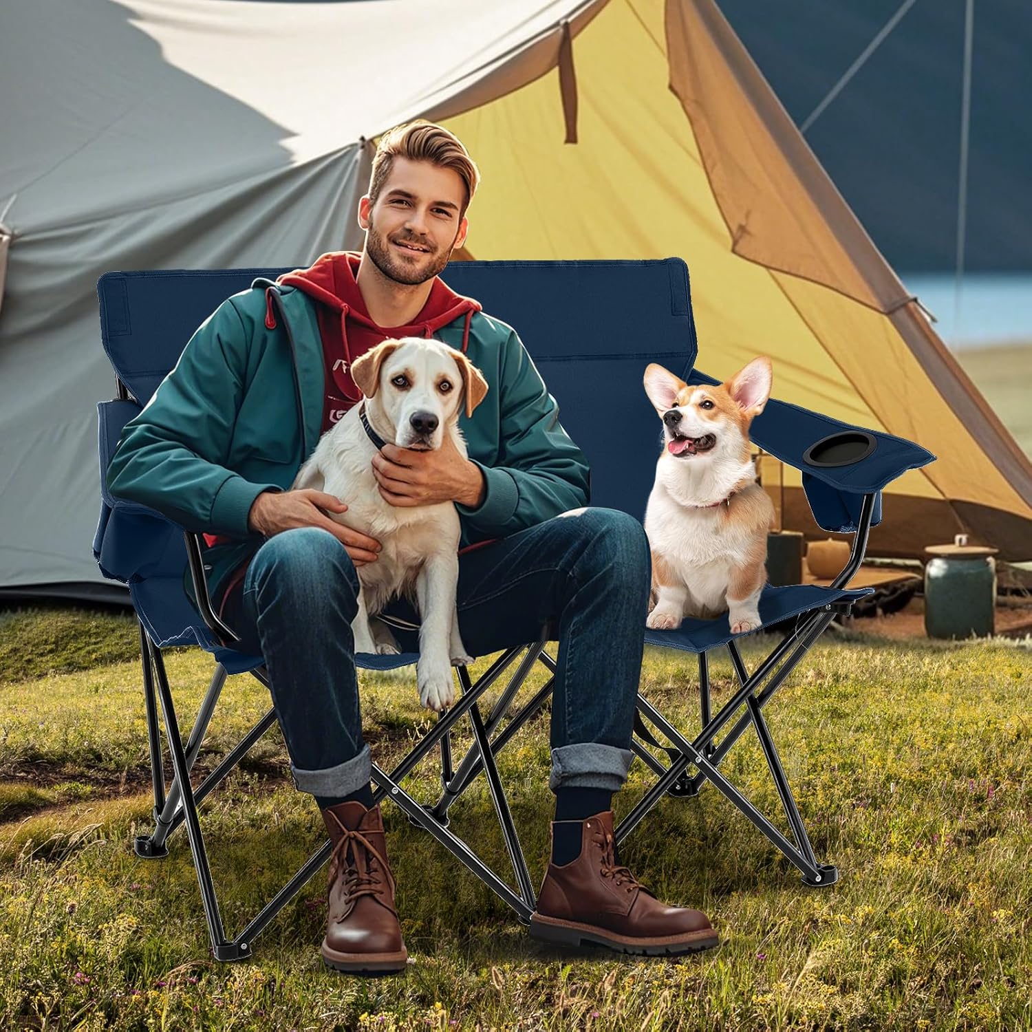 Sedia da Campeggio Doppia, Poltrona Pieghevole per 2 Persone con Portabicchieri, Borsa per il Trasporto, Sedia da Giardino Portatile per Spiaggia, Picnic, Pesca, Portata 300 kg (Blu)