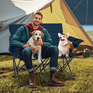 Sedia da Campeggio Doppia, Poltrona Pieghevole per 2 Persone con Portabicchieri, Borsa per il Trasporto, Sedia da Giardino Portatile per Spiaggia, Picnic, Pesca, Portata 300 kg (Blu)
