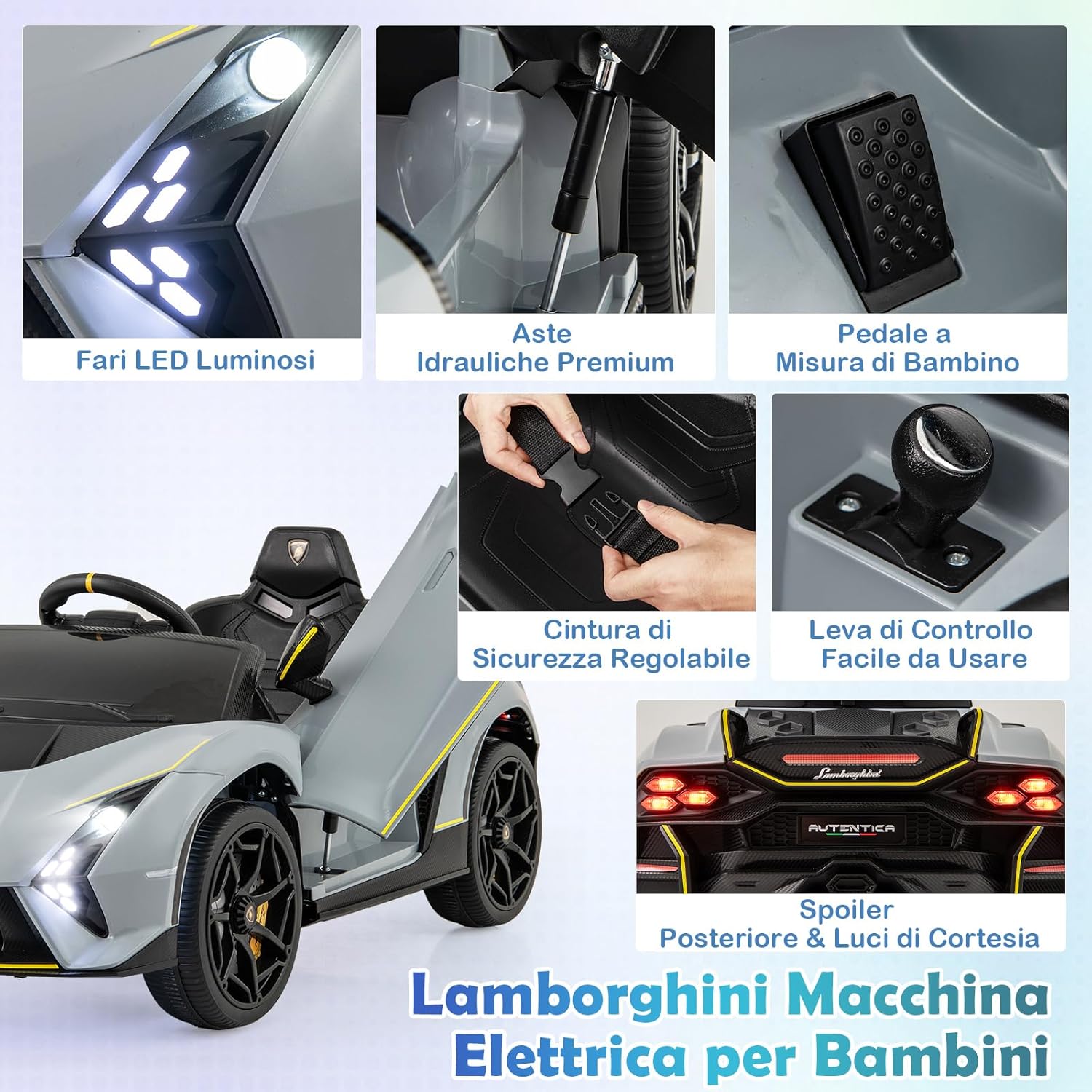 12 V Lamborghini Macchina Elettrica per Bambini, Auto Elettrica Cavalcabile con Telecomando Luci Ammortizzatori a Mola, 3 Velocità, per Bambini 3-8 Anni, 2-4 Km/h (Grigio)