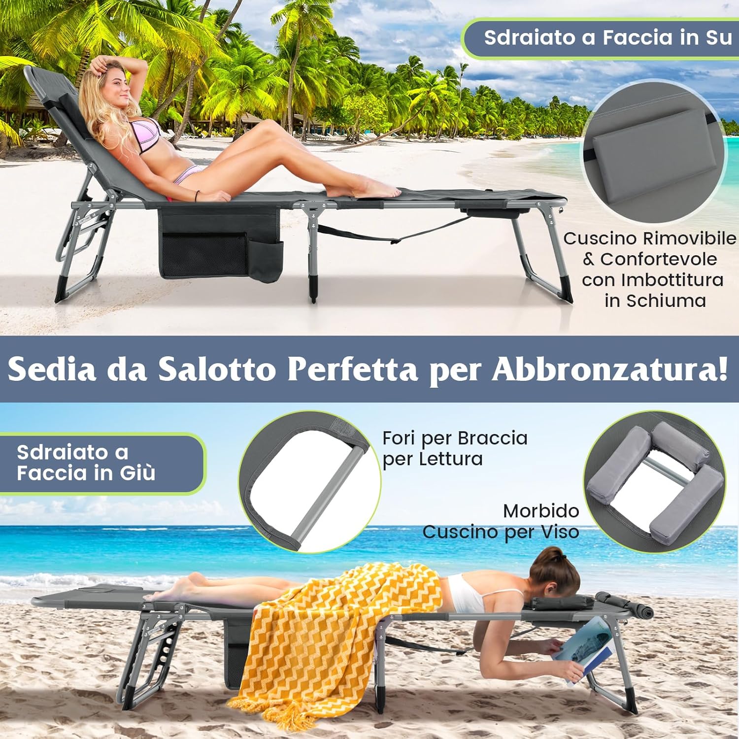 Lettino Prendisole Pieghevole, Lettino da Spiaggia con Schienale Regolabile, Poggiatesta, Cuscino e Tasca, Sedia a Sdraio per Giardino Piscina, Portata 180 kg (Grigio Scuro)