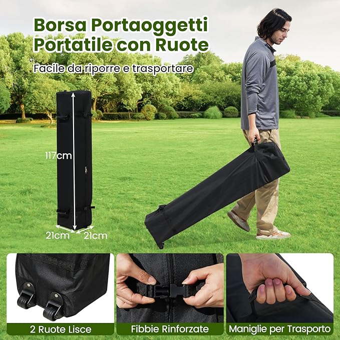 Gazebo Piehevole da Esterno 3 x 3 m, Gazebo Regolabile in Altezza con Pareti Rimovibili, Borsa con Ruote, Picchetti, Ancoraggi, Corde Vento e Sacchi di Sabbia, Tendone per Giardino (Nero)