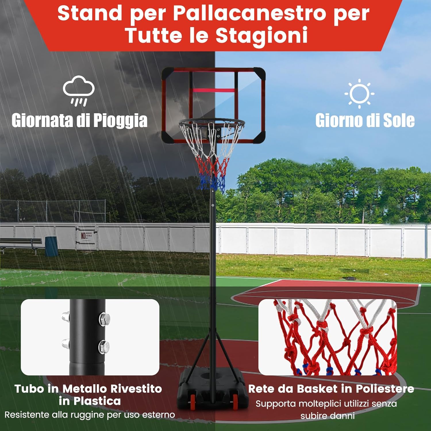 Canestro da Basket Regolabile in Altezza 193-248 CM, Canestro da Basket da Esterno ed Interno con Ruote e Supporto per Pallone, Canestro da Basket per Parco, Casa e Giardino