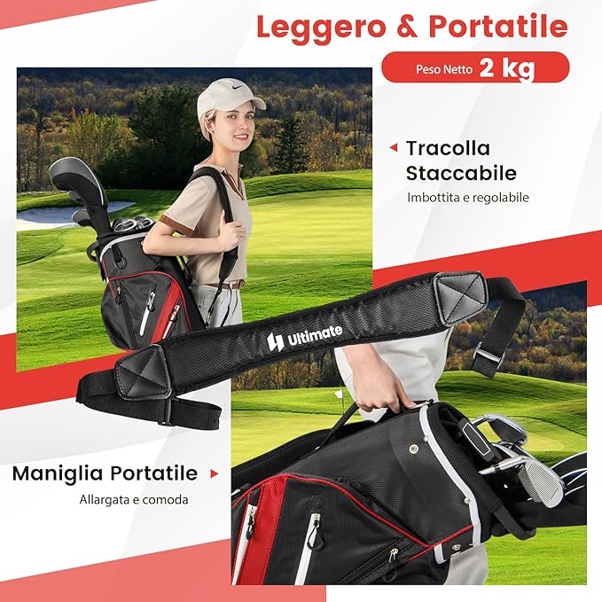 Borsa da Golf con Divisori Superiori a 14 Vie, 9 Tasche, Tasca Termica, Tasca per Scarpe, Porta Ombrello, Doppia Tracolla e Cappuccio Antipioggia, Sacca da Golf per Uomo e Donna