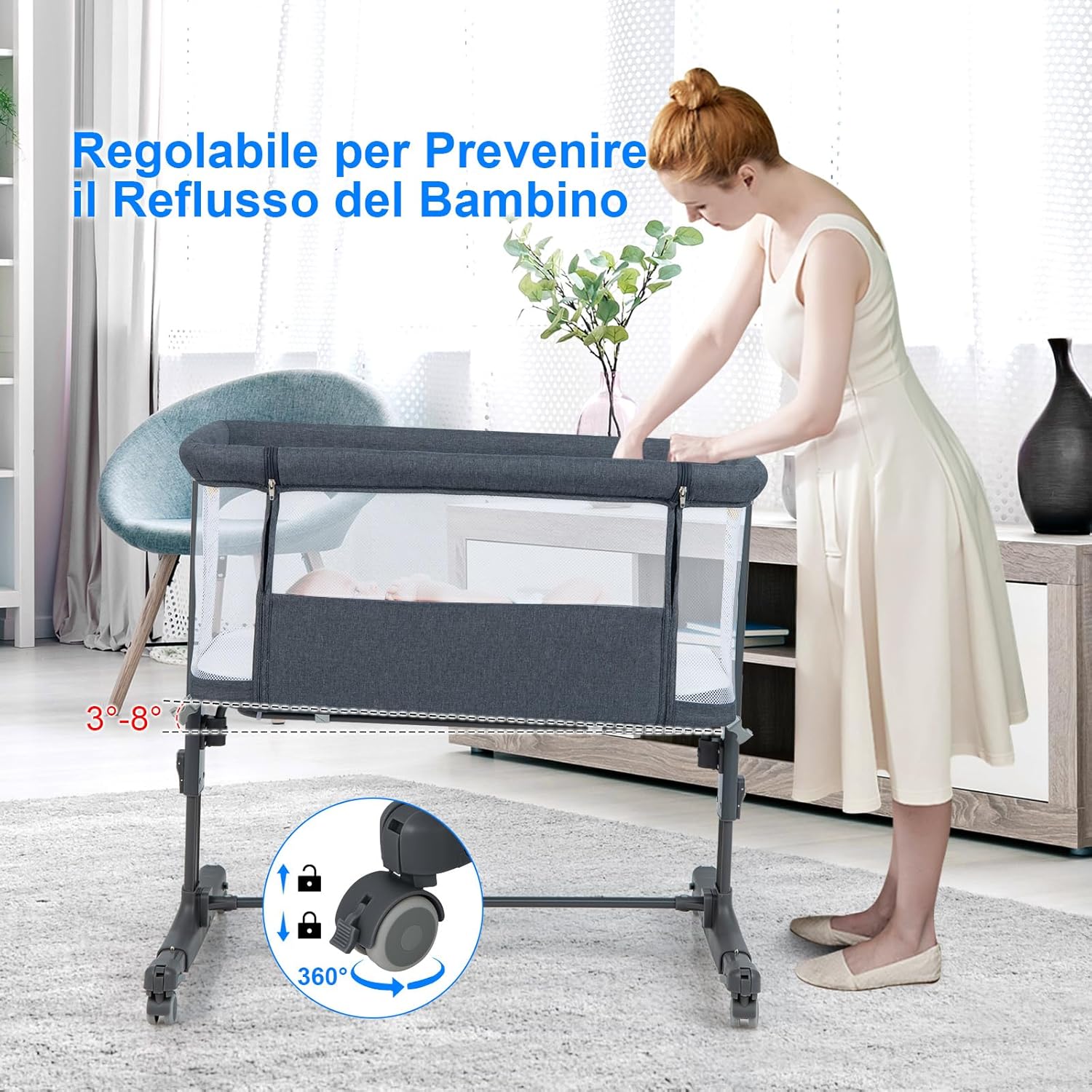 3 in 1 Culla Neonato Fianco Letto, Lettino Neonato Dondolo con Materasso, Culla Co-Sleeping Fino a 9 kg, Altezza Regolabili, Inclinazione di 10°, 84 x 59,5 x 80,5cm (Grigio Scuro)
