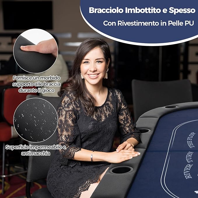 Tavolo da Poker Pieghevole 182 cm per 8 Giocatori, Tavolo da Gioco Ovalo con Supporti per Bicchieri, Rivestimenti Imbottiti, per Blackjack, Texas Hold’em, Giochi da Casinò (Blu)