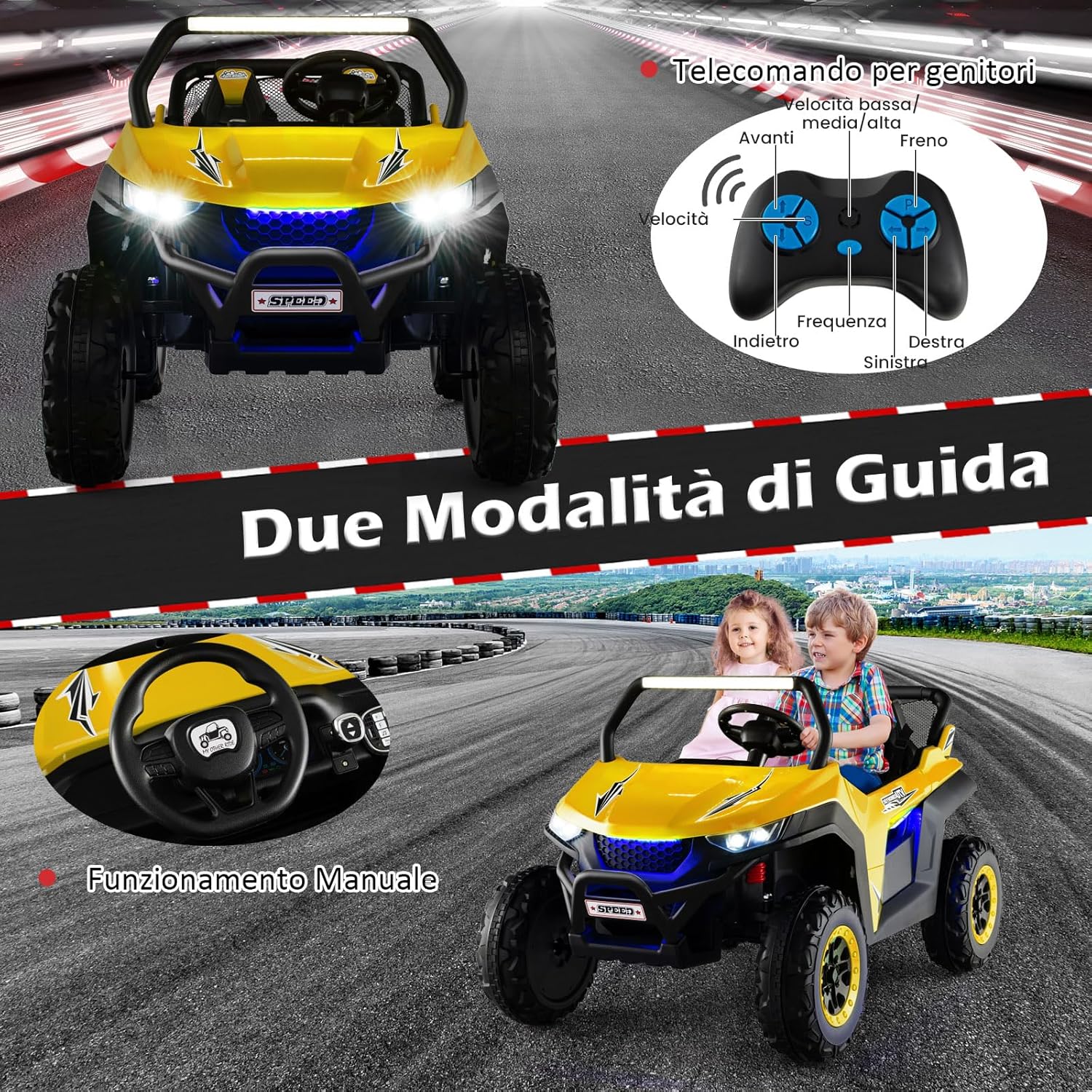 12V Auto Elettrico per Bambini, Macchina Fuoristrada a 2 Posti, Macchina Elettrica con Luci Suoni, Regalo per Bambini 3-8 Anni, 118x74x71 cm (Giallo)