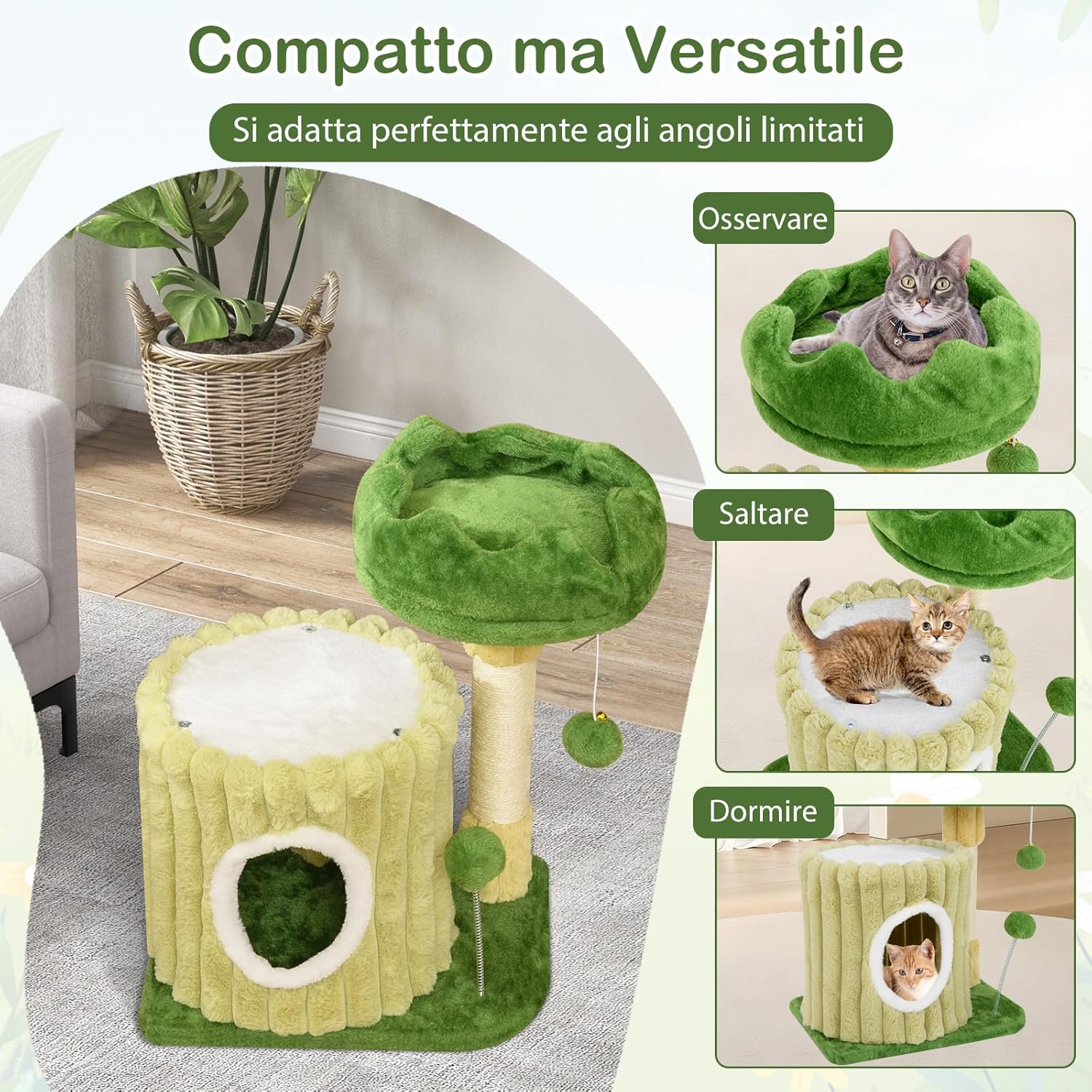 Tiragraffi per Gatti 50 x 41 x 54 cm, Torre Moderno con Pali in Sisal, Piattaforma Imbottita e Pallina Penzolante, Cuccia per Animali Domestici, Verde e Naturale