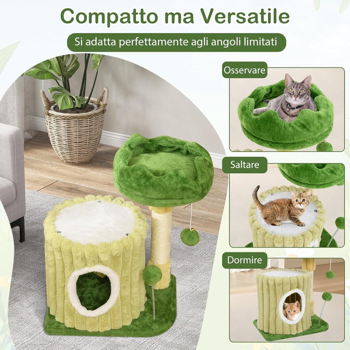 Tiragraffi per Gatti 50 x 41 x 54 cm, Torre Moderno con Pali in Sisal, Piattaforma Imbottita e Pallina Penzolante, Cuccia per Animali Domestici, Verde e Naturale
