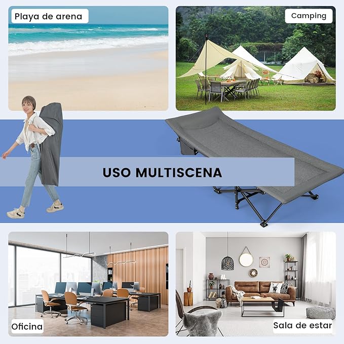 Brandina da Campeggio, Letto da Campeggio con Cuscino e Poggiatesta, Tappetino a Doppio Strato, Brandina da Campeggio Portatile per Ufficio, Casa, Carico Fino a 204 kg(grigio)