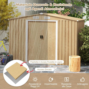 Casetta da Esterno, Capanno Porta Attrezzi con Porte Scorrevoli, Maniglie, Sfoghi e Tettoia, Casetta da Giardino in Lamiera di Acciaio e Lamiera Zincata (259 x 196 x 184 cm)