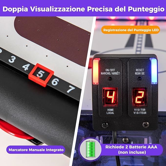 Air Hockey da Tavolo con 2 Spintori e Dischi, Piedini Regolabili, Tavolo da Hockey Alimentato con 12V Motore e Tabellone Segnapunti LED, Tavolo Hockey da Interno 137 x 65 x 86 cm