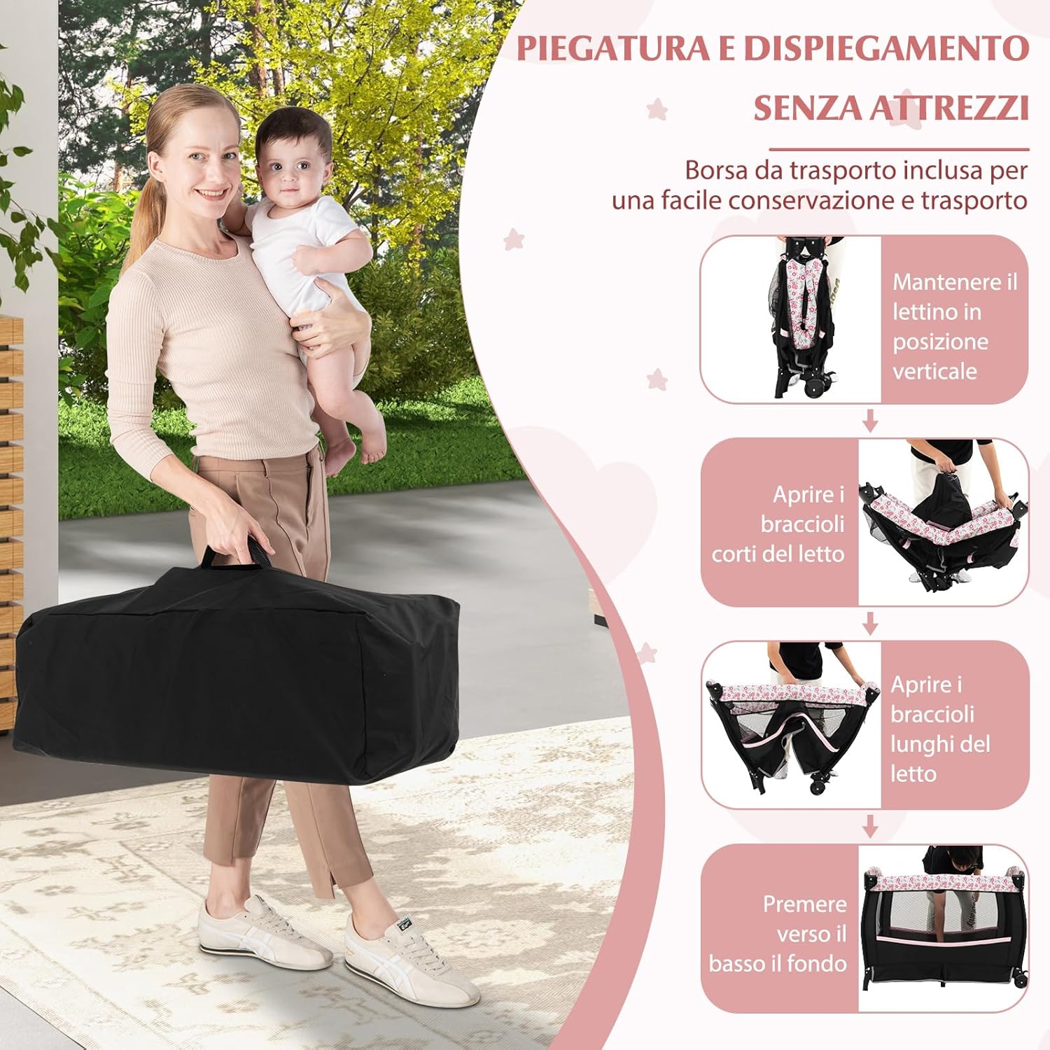 4 in 1 Lettino da Campeggio con Fasciatoio, Lettino Pieghevole per Bambini con Materasso, Centro Neonati con Culla, Box Musicale, Cappottina Regolabile, Borsa da Viaggio (Fiore Grande)