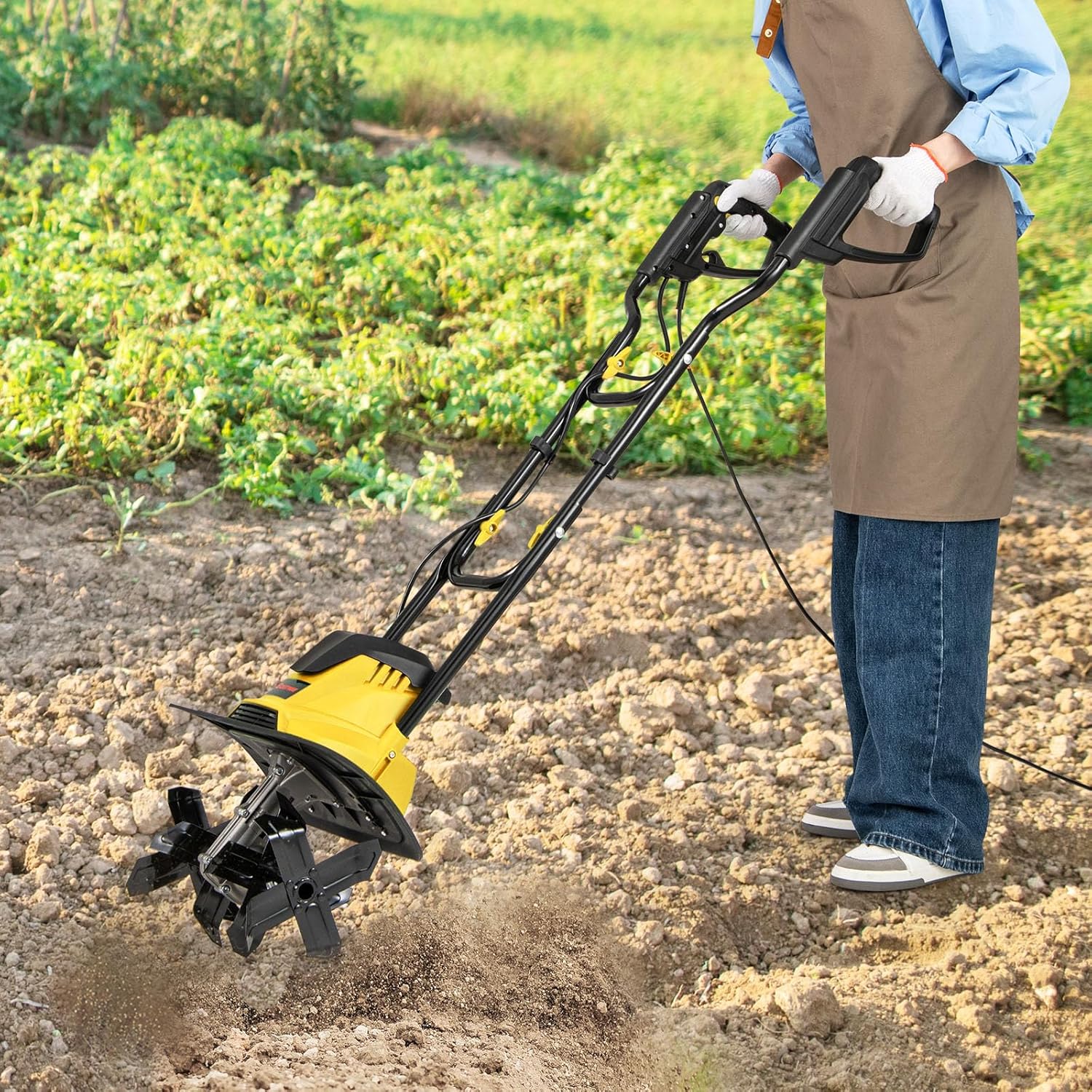 Motozappa Elettrica a Filo, Zappatrice da Giardino con Manico Ergonomico e Motore Forte, Motocoltivatore Pieghevole per Scavare Terreno del Prato (36,5 x 24 x 138 cm,Giallo)