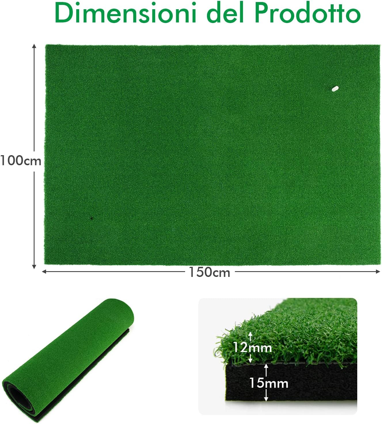 Tappetino da Golf con Manto Erboso Sintetico e 2 Posizioni per Tee, 3 Tee di Golf Inclusi, Tappetino Standard Realistico per Giocare a Golf, Ideale per Uso Interno ed Esterno, 1,5 x 1 M